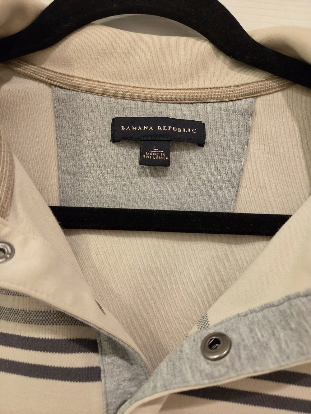 Banana Republic Cream Long Sleeve Polo with Gray Chest Stripes Mens Large